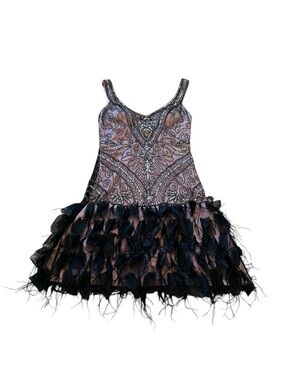 Sue Wong Nocturne Gatsby Beaded Sequin Ostrich Feather Cocktail Party Dress